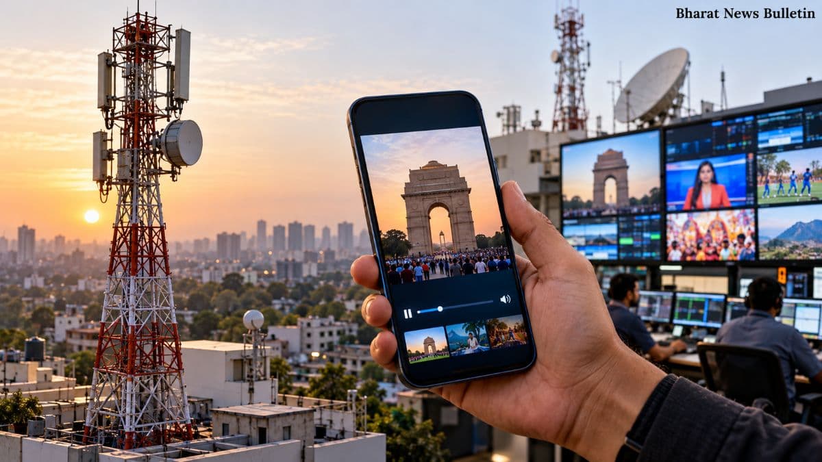 Direct-to-Mobile broadcasting technology represented through a smartphone and broadcast infrastructure in India.