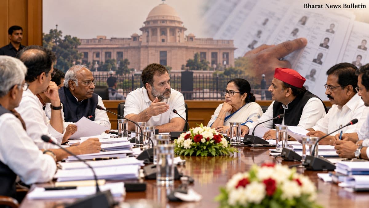 INDIA bloc opposition leaders represented in an editorial image about the SIR electoral-roll dispute.