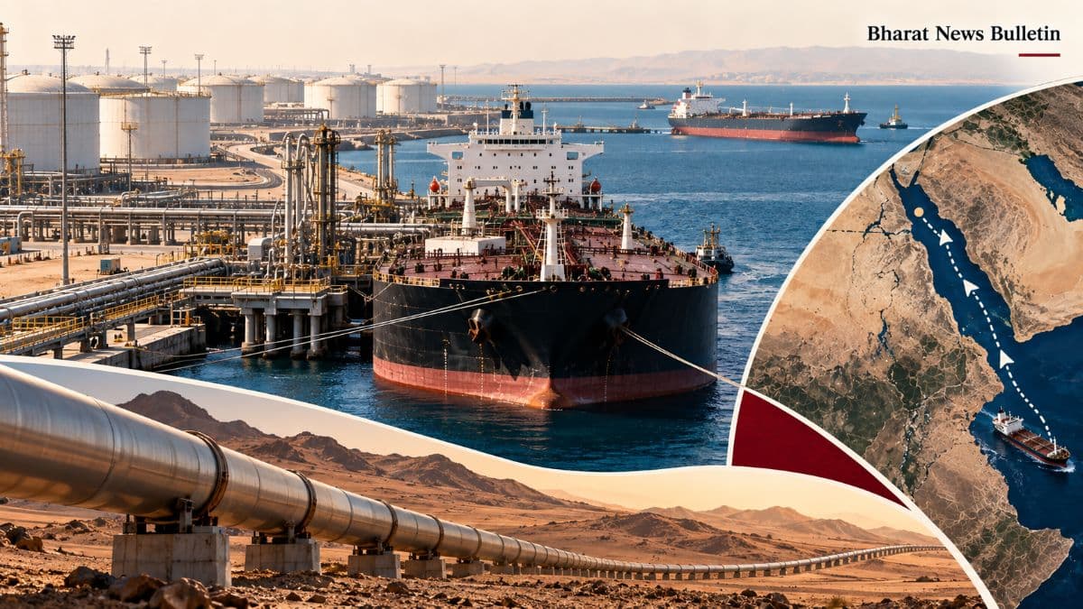 Oil tanker loading crude at Saudi Arabia's Yanbu Red Sea terminal following the restart of the East-West Pipeline.