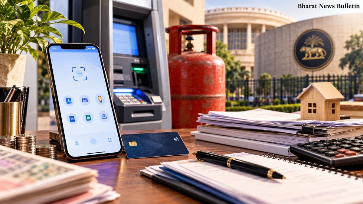 Indian banking, UPI, LPG and tax documents represented in an editorial image about October 2026 financial changes.