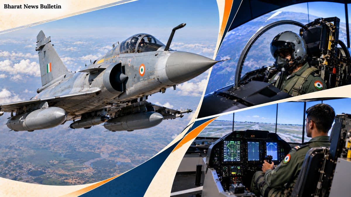 Indian Air Force Mirage 2000 fighter jet alongside a pilot training simulator.