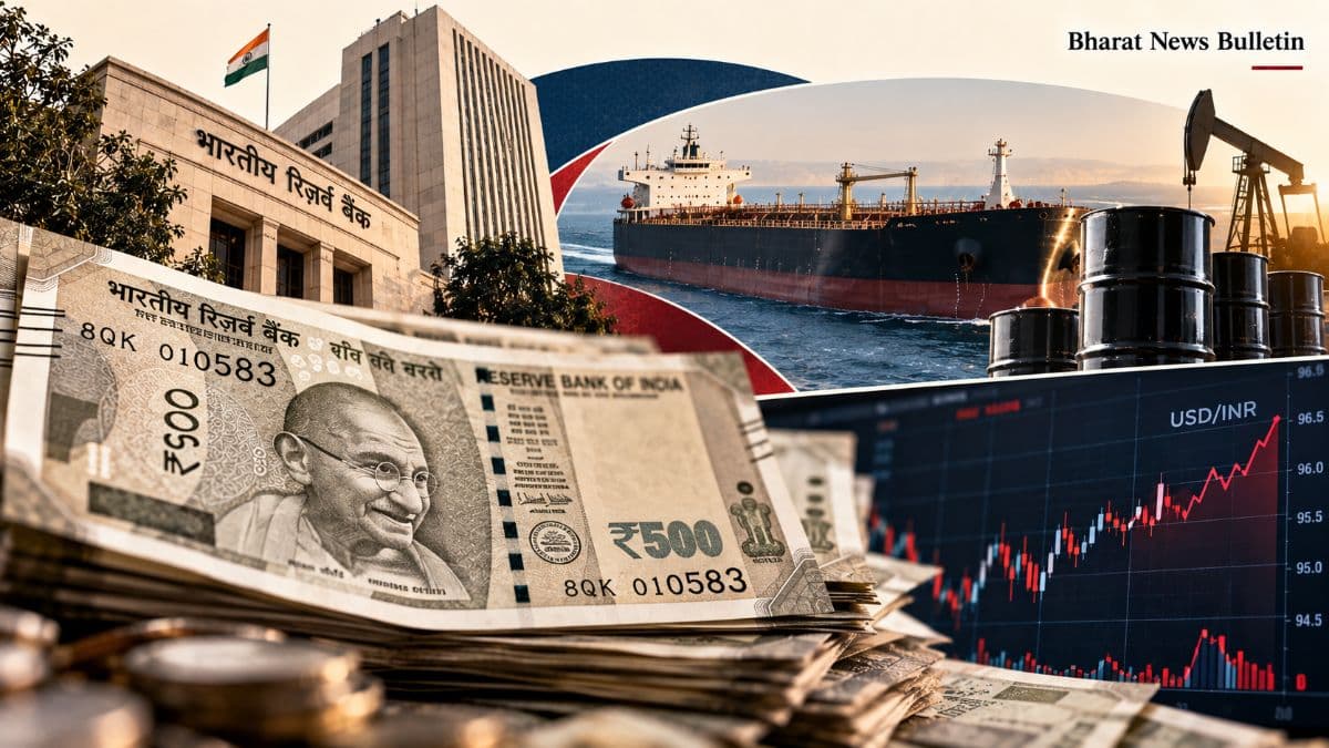 Indian rupee currency and financial market imagery representing pressure from elevated global crude oil prices.