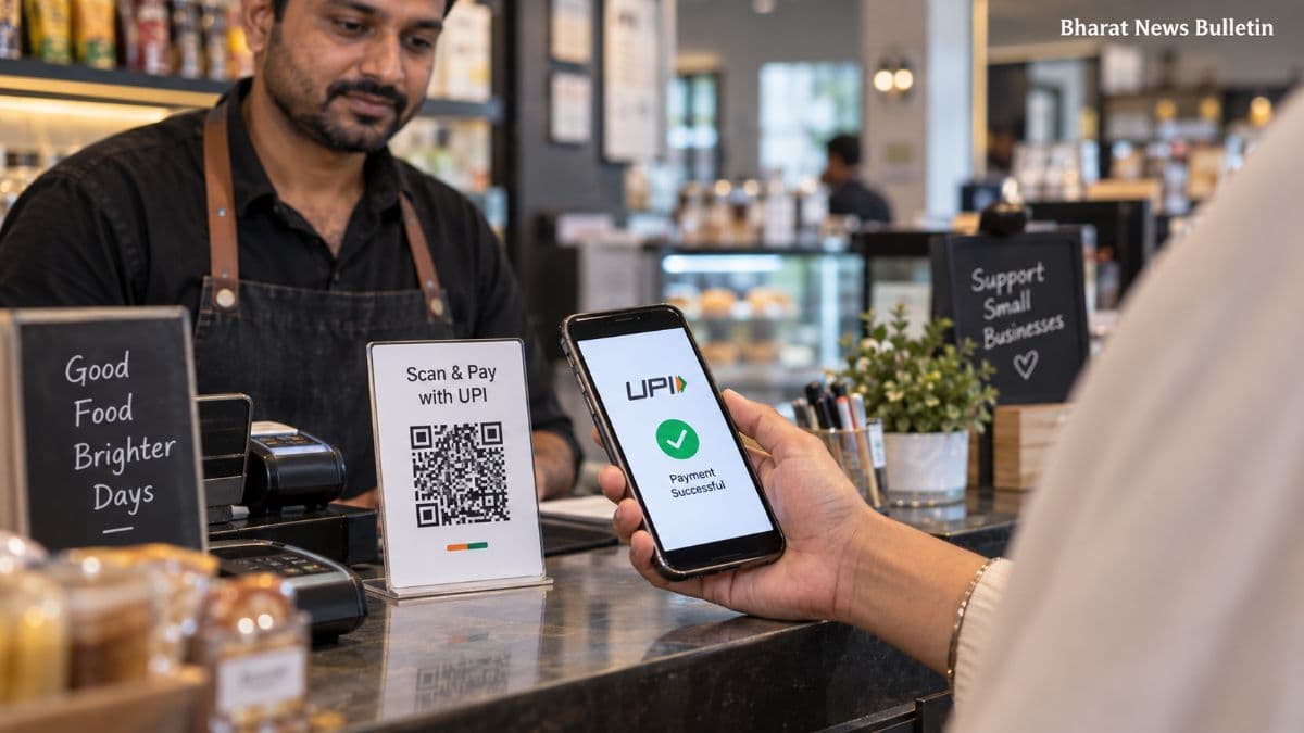 Digital UPI payment at an Indian merchant counter representing GST and merchant discount rate charges