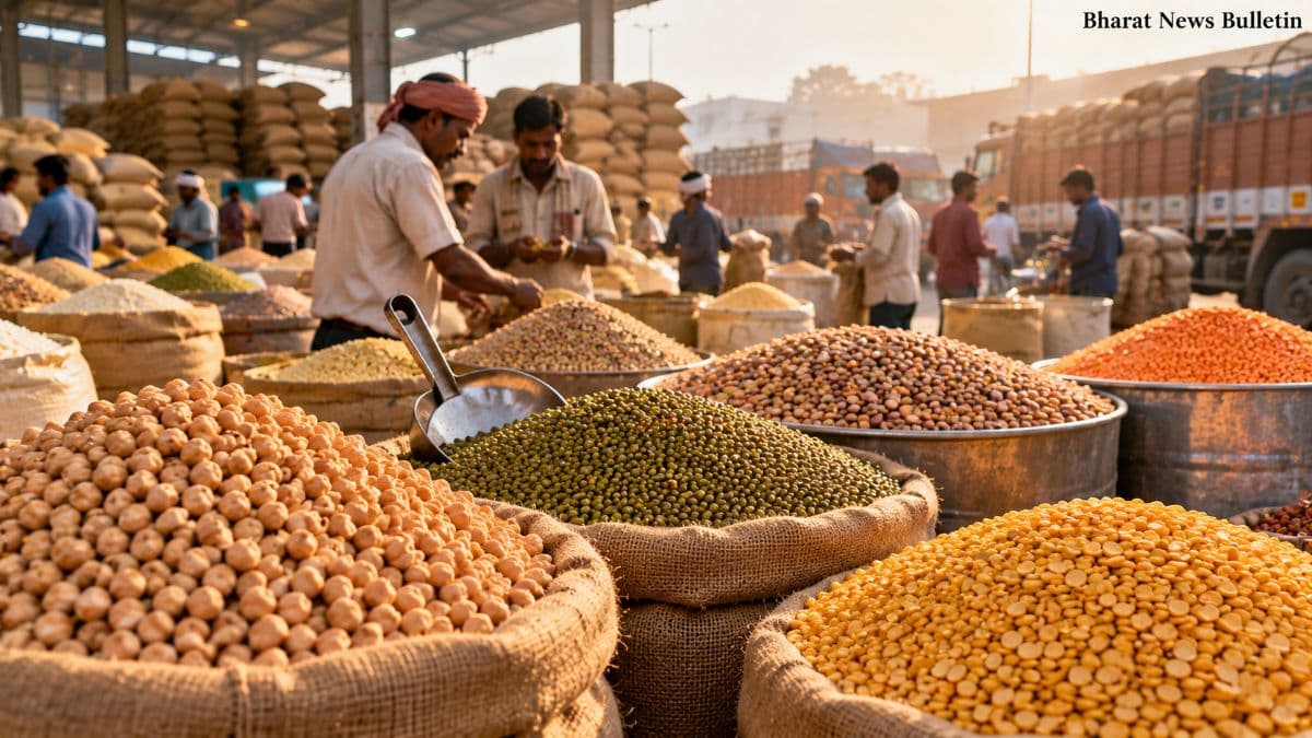 Indian pulses including chana, moong, tur and matar represented in an editorial image about rising prices.