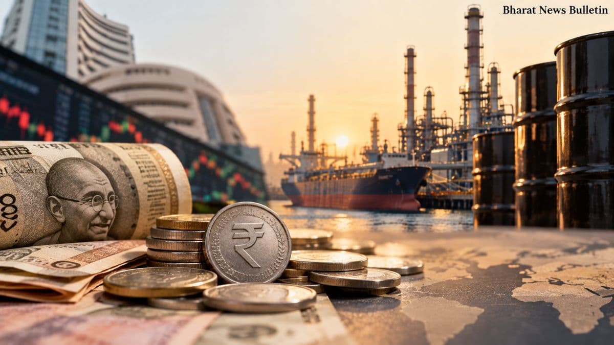 Indian rupee and financial markets represented in an editorial image amid rising oil prices.