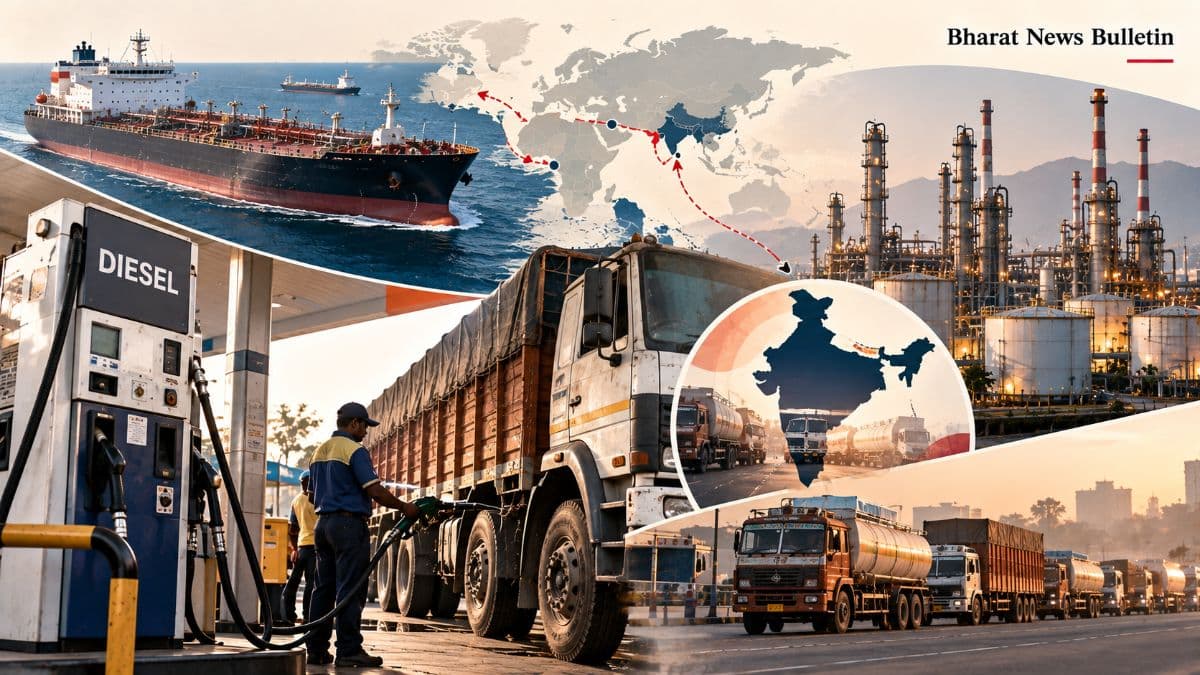 Indian fuel station with diesel pumps and an oil tanker represented in an editorial image about the global diesel supply squeeze.