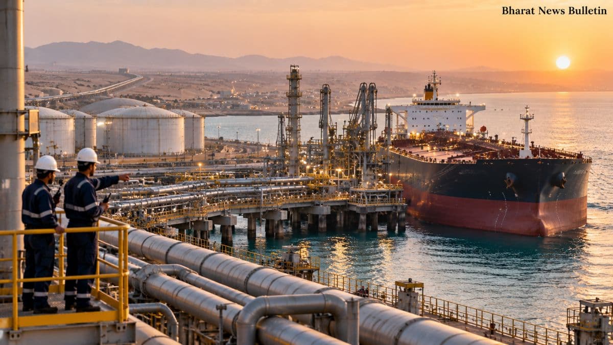 Saudi Arabia's Yanbu oil terminal and tanker loading operations represented in an editorial image.