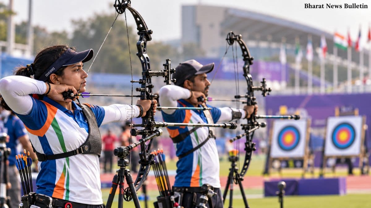 Indian compound archers celebrate after winning gold medals at the 2026 Asian Games.