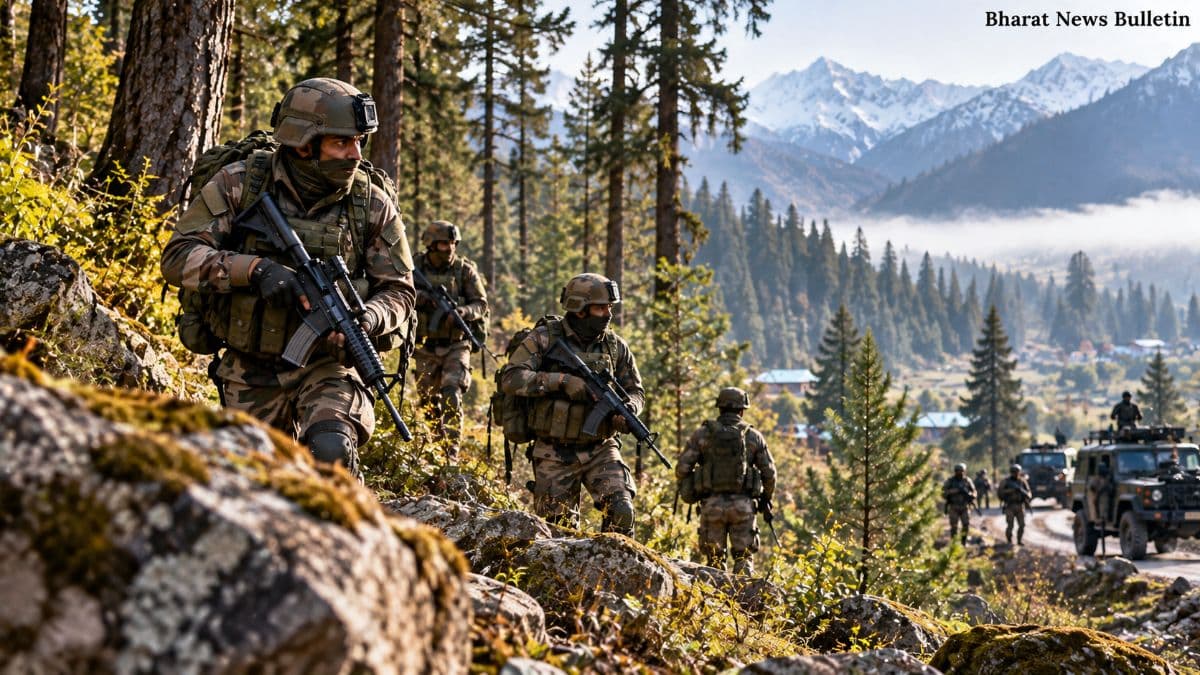 Indian security forces conducting an operation in the forested Yousmarg area of Budgam, Jammu and Kashmir.