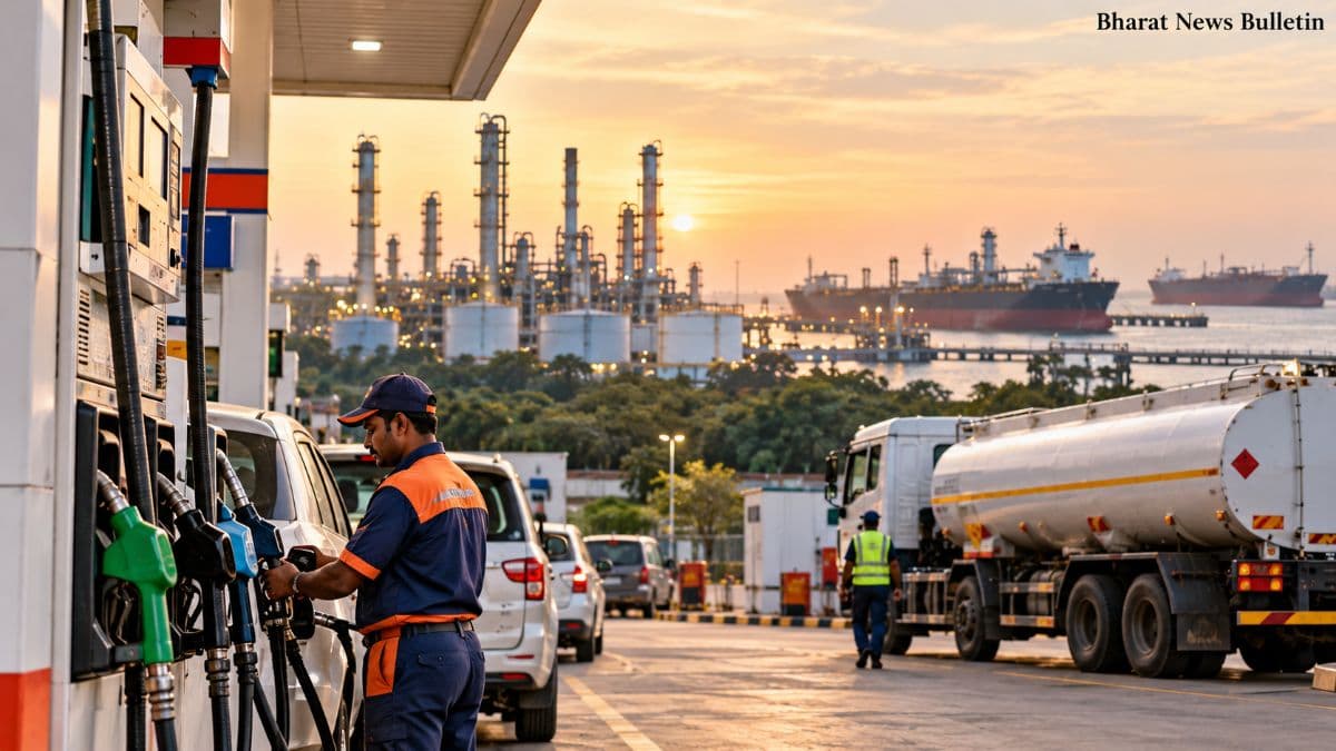 Diesel fuel pumps and an Indian petrol station represented in an editorial image about global diesel supply disruptions.