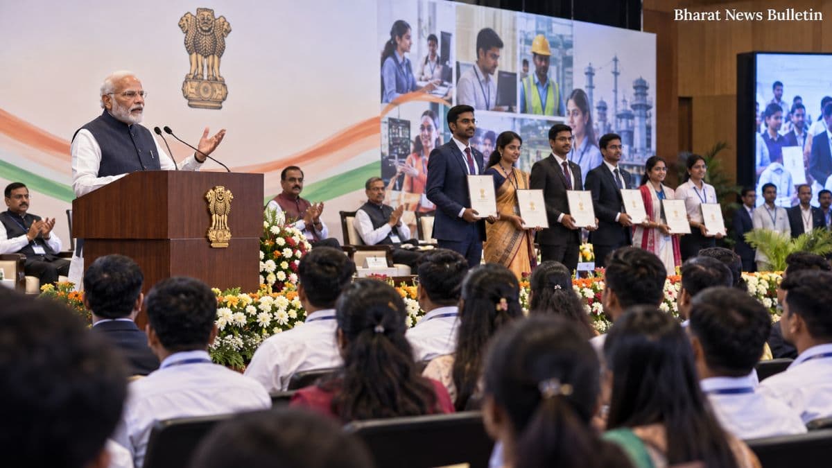 PM Modi addressing newly appointed youth at a Rozgar Mela